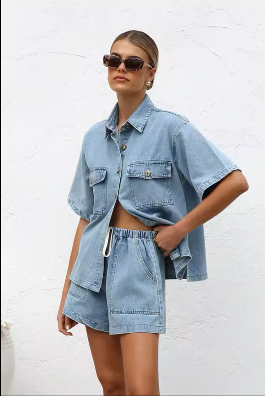 Jeans Set Lässig Übergröße Hemd Shorts
