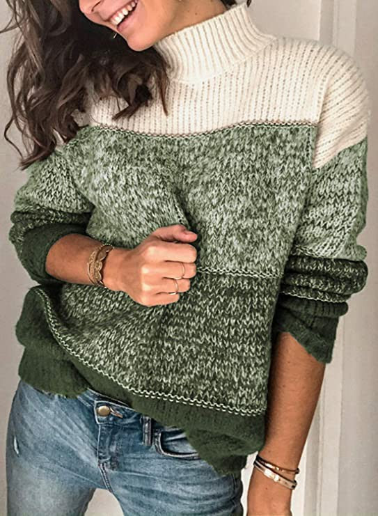 Damen kuscheliger Strickpullover mit hohem Kragen und modischem Farbblockdesign Fudus