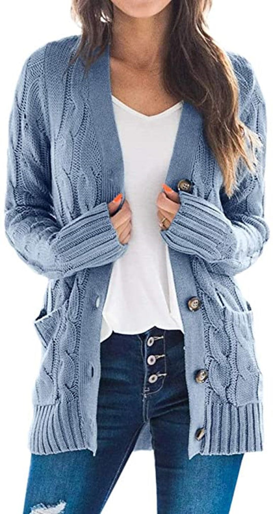 Damen Grobstrick-Cardigan mit Zopfmuster und aufgesetzten Taschen Fudus