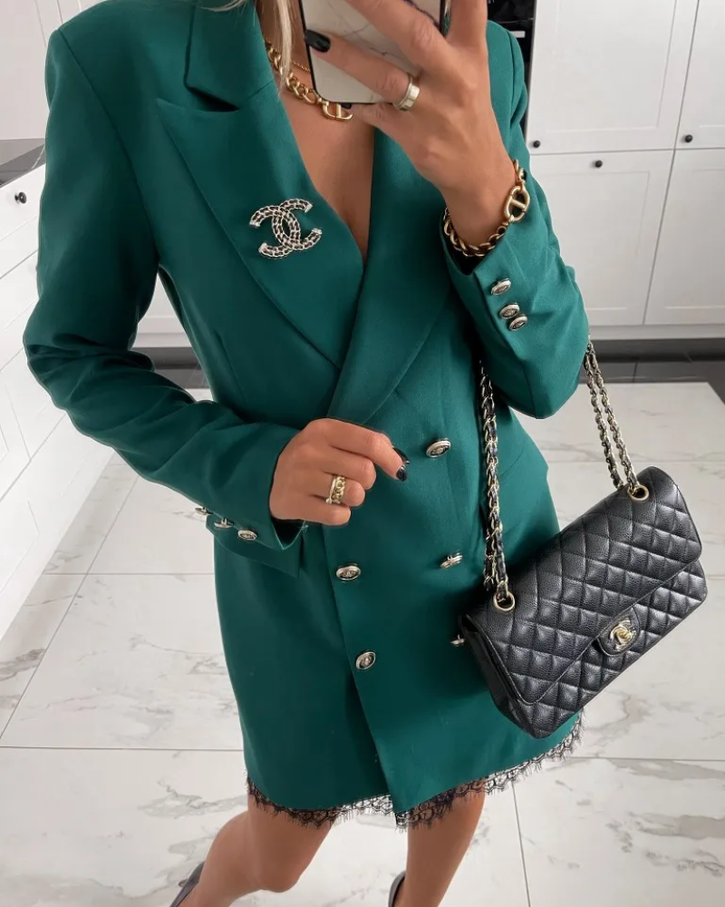 Blazer Kleid Damen Mit Spitzen Saum und Doppelknöpfen