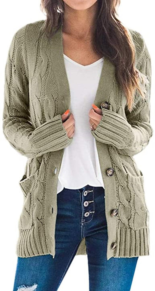 Damen Grobstrick-Cardigan mit Zopfmuster und aufgesetzten Taschen Fudus