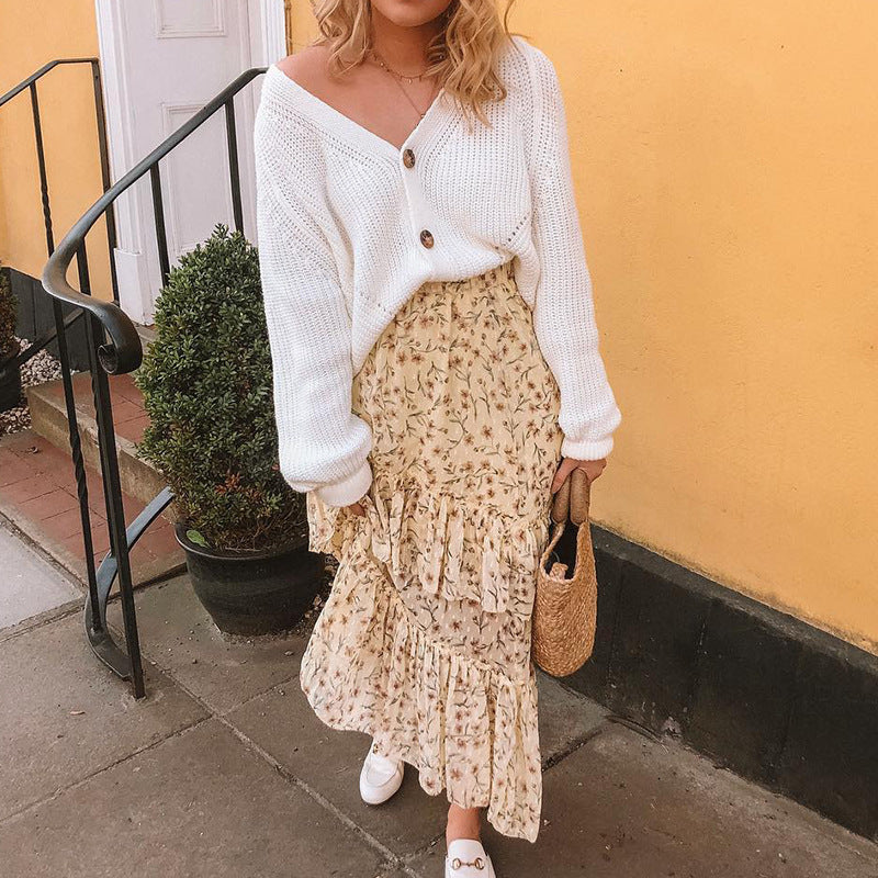 Damen Grobstrick Cardigan mit lässigem V-Ausschnitt und großen Knöpfen Fudus