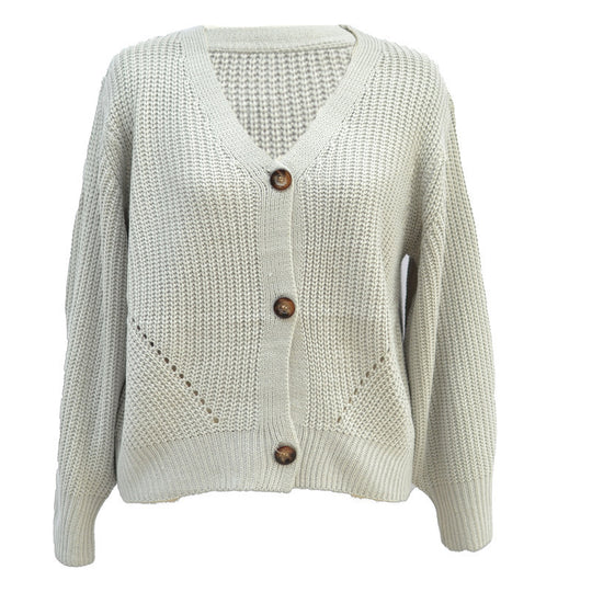 Damen Grobstrick Cardigan mit lässigem V-Ausschnitt und großen Knöpfen Fudus