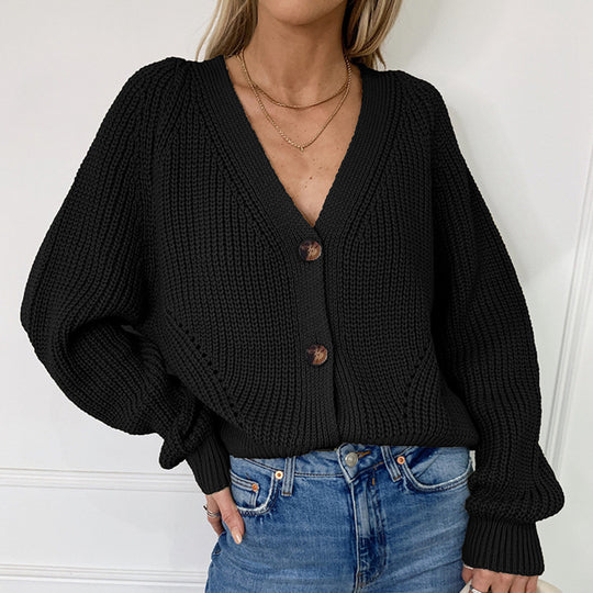 Damen Grobstrick Cardigan mit lässigem V-Ausschnitt und großen Knöpfen Fudus