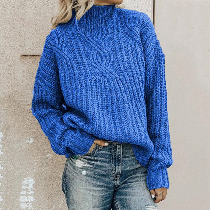 Damen Hohe Strickpullover mit Zopfmuster Fudus
