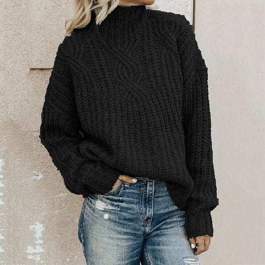 Damen Hohe Strickpullover mit Zopfmuster Fudus