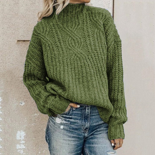 Damen Hohe Strickpullover mit Zopfmuster Fudus