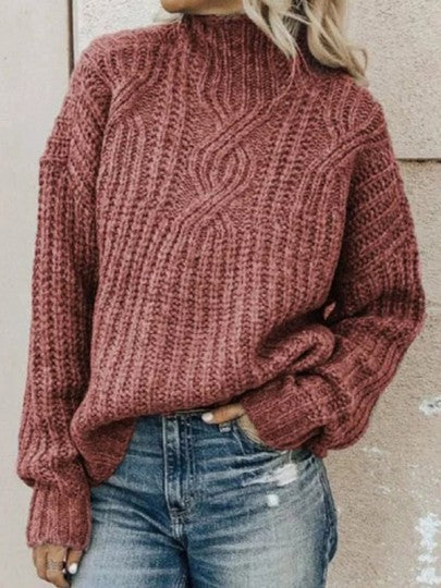 Damen Hohe Strickpullover mit Zopfmuster Fudus