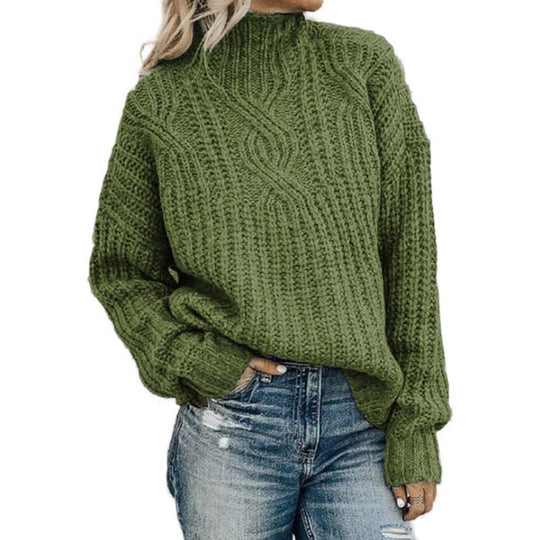 Damen Hohe Strickpullover mit Zopfmuster Fudus