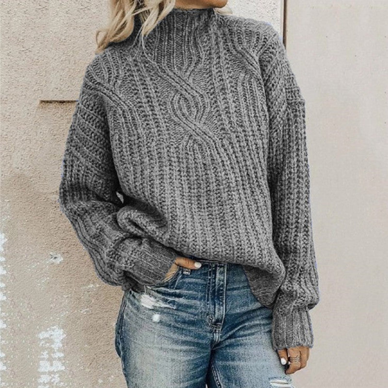 Damen Hohe Strickpullover mit Zopfmuster Fudus