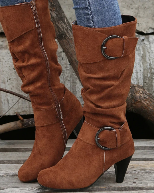 Damen Stiefel Absatz Wildlederlook Schnallen Reißverschluss