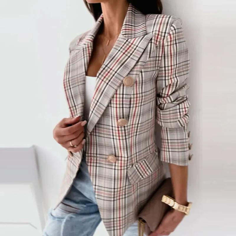 Damen Karierter Doppelreiher Blazer, Lange Ärmel, Taillierte Passform