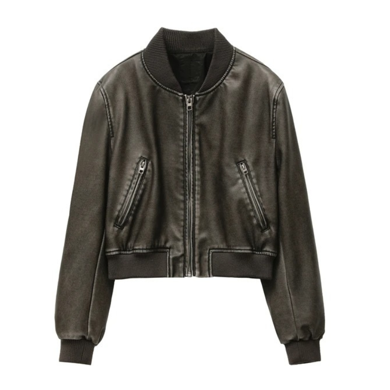 Damen Lederjacke Bombermodell mit gerippten Bündchen und Reißverschlusstaschen