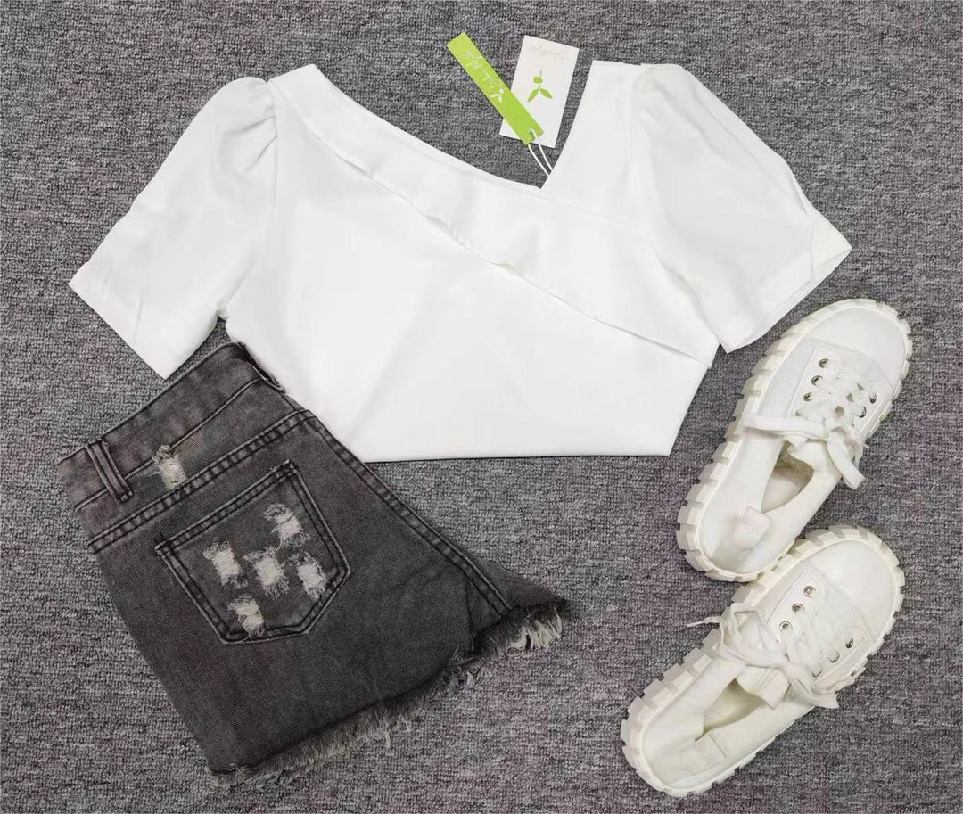 Damen Solides Weißes Gepufftes Kurzärmeliges Asymmetrisches Top