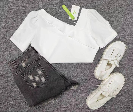 Damen Solides Weißes Gepufftes Kurzärmeliges Asymmetrisches Top