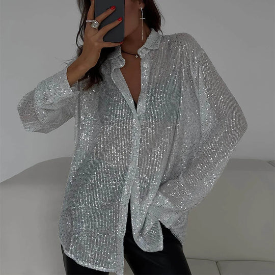 Damen Bluse Lange Ärmel Glitzer Bluse Für Funkelnde Besondere Anlässe