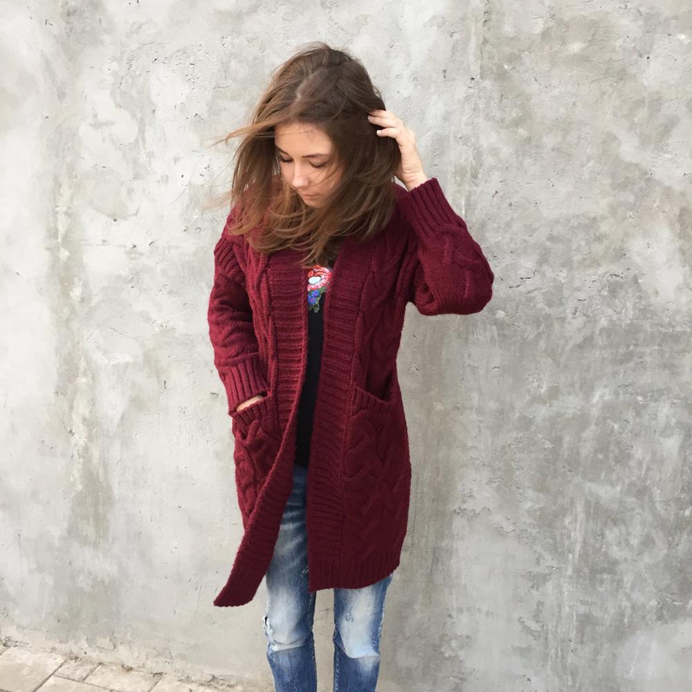 Damen Grobstrick-Kardigan mit tiefem V-Ausschnitt und praktischen Taschen Fudus
