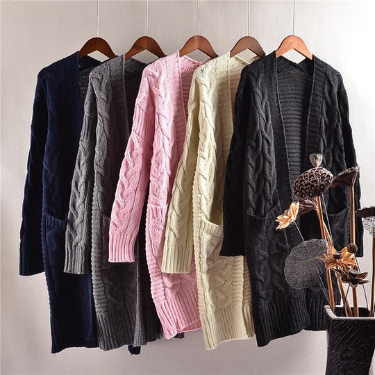 Damen Grobstrick-Kardigan mit tiefem V-Ausschnitt und praktischen Taschen Fudus