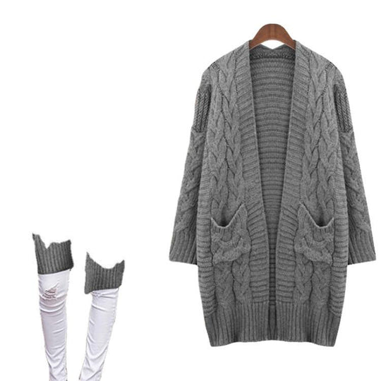 Damen Grobstrick-Kardigan mit tiefem V-Ausschnitt und praktischen Taschen Fudus