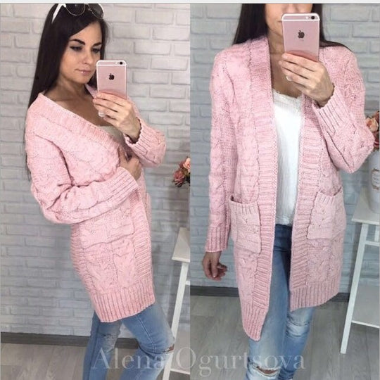Damen Grobstrick-Kardigan mit tiefem V-Ausschnitt und praktischen Taschen Fudus