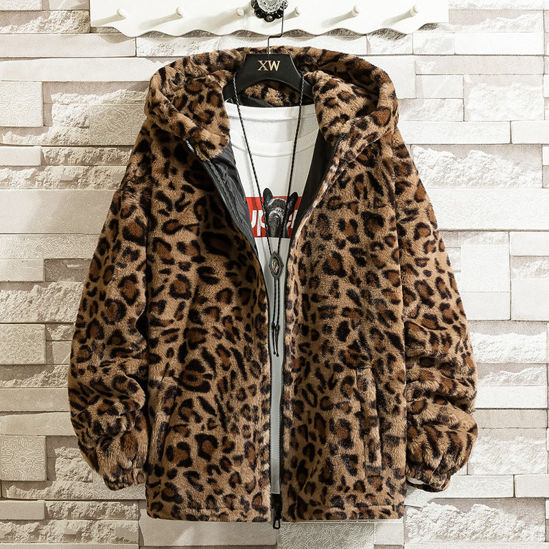 Damen kuschelige Fleecejacke mit Leopardenmuster und Kapuze