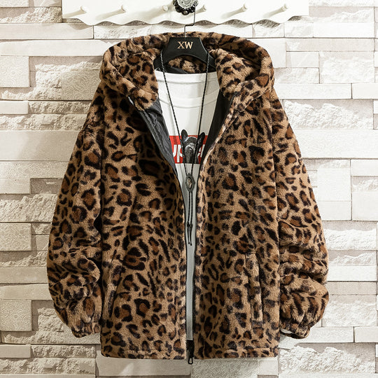 Damen kuschelige Fleecejacke mit Leopardenmuster und Kapuze