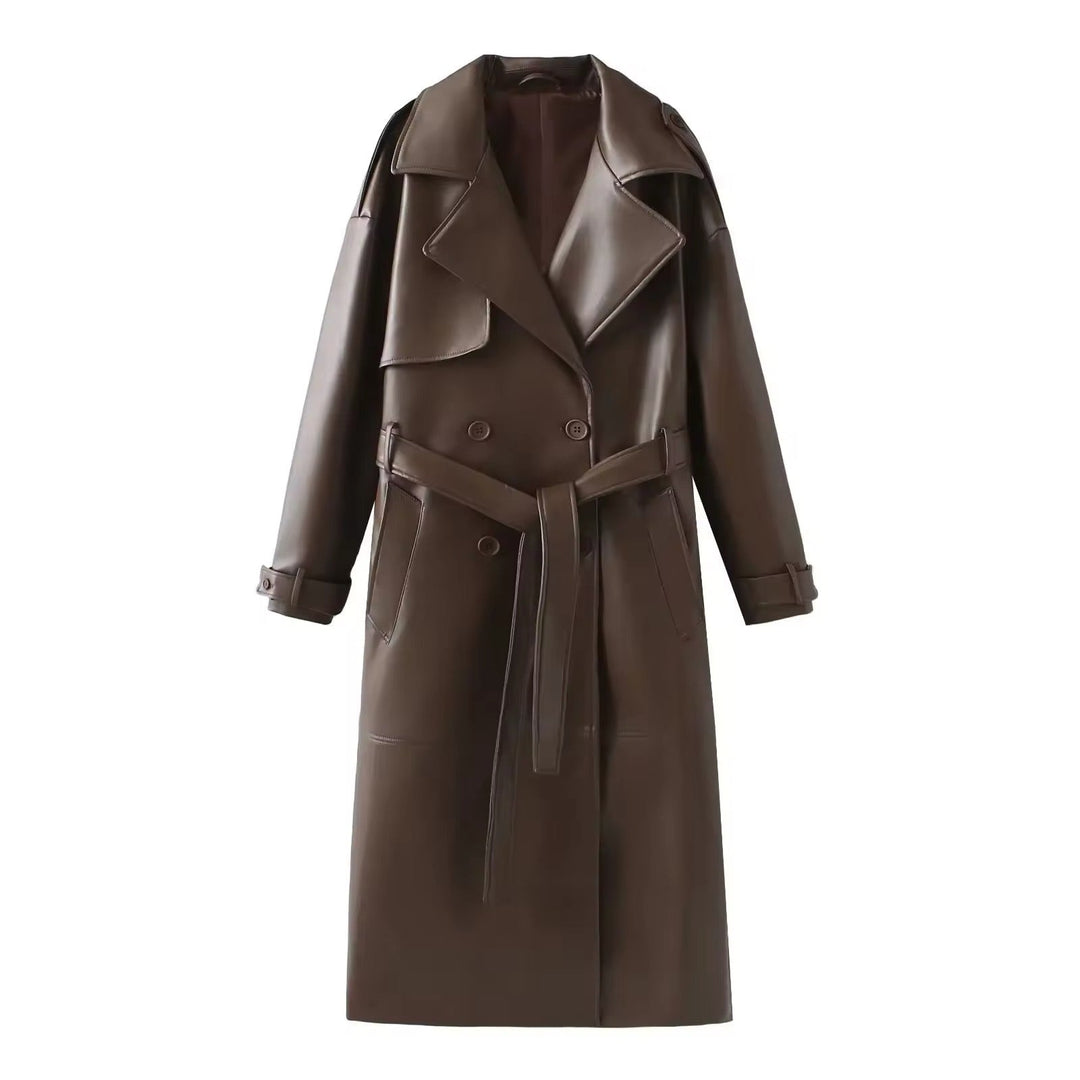 Damen Eleganter Leder Trenchcoat Herbst Chic