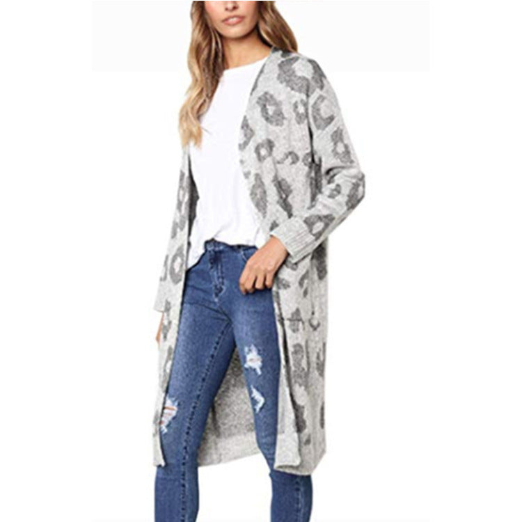 Damen Grobstrick Cardigan mit Leopardenmuster und großen Taschen Fudus