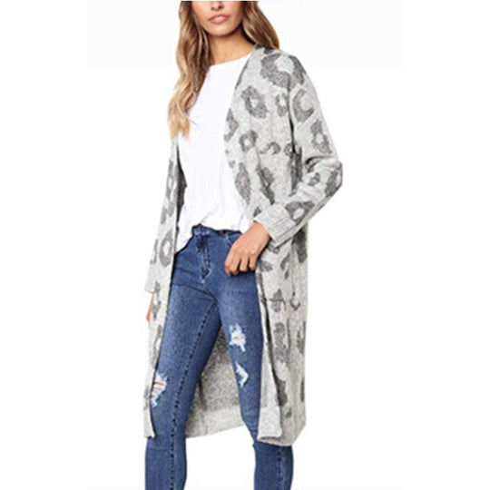 Damen Grobstrick Cardigan mit Leopardenmuster und großen Taschen Fudus