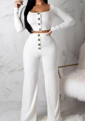 Damen Jumpsuit mit tiefem V-Ausschnitt und Knopfdetails Fudus