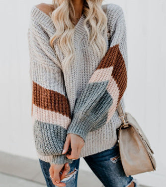 Damen Grobstrick Pullover mit kontrastierenden Ärmelmustern Fudus