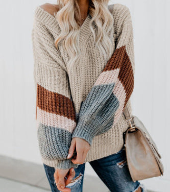 Damen Grobstrick Pullover mit kontrastierenden Ärmelmustern Fudus