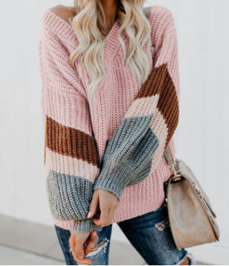 Damen Grobstrick Pullover mit kontrastierenden Ärmelmustern Fudus