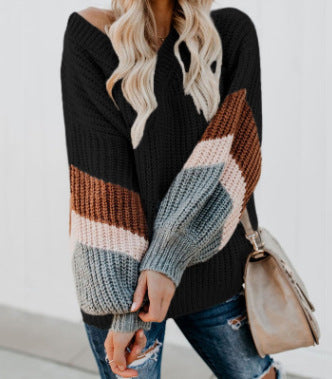 Damen Grobstrick Pullover mit kontrastierenden Ärmelmustern Fudus