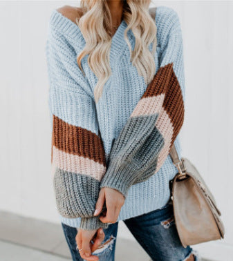 Damen Grobstrick Pullover mit kontrastierenden Ärmelmustern Fudus