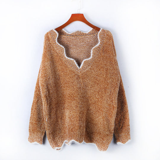 Damen kuscheliger Strickpullover mit tiefem V-Ausschnitt und gewellten Abschlüssen Fudus