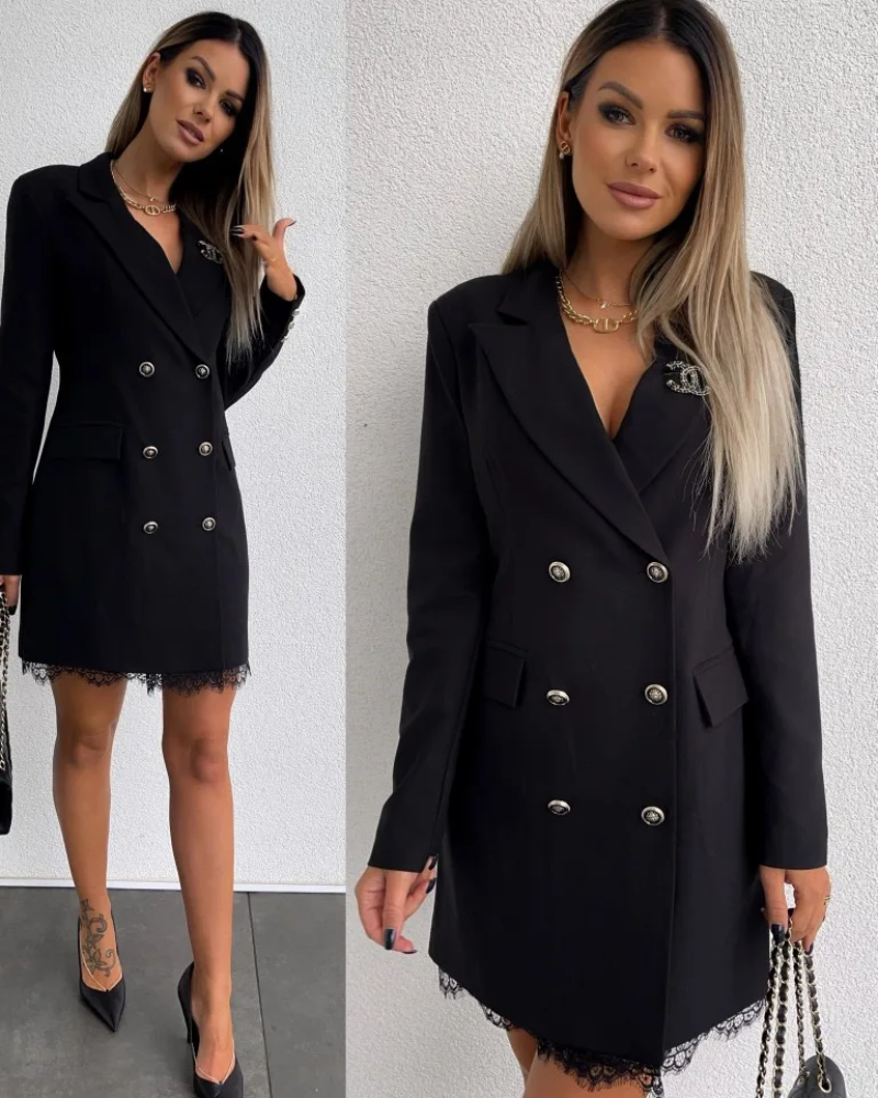 Blazer Kleid Damen Mit Spitzen Saum und Doppelknöpfen