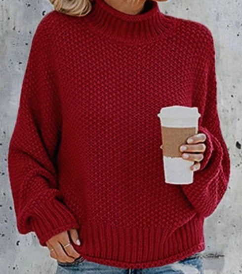 Damen Grobstrickpullover mit hohem Kragen und lockerer Passform Fudus