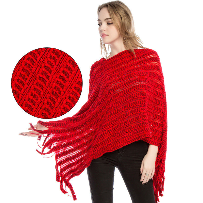 Damen Häkelponcho mit fransigem Saum Fudus
