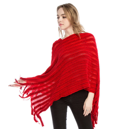 Damen Häkelponcho mit fransigem Saum Fudus