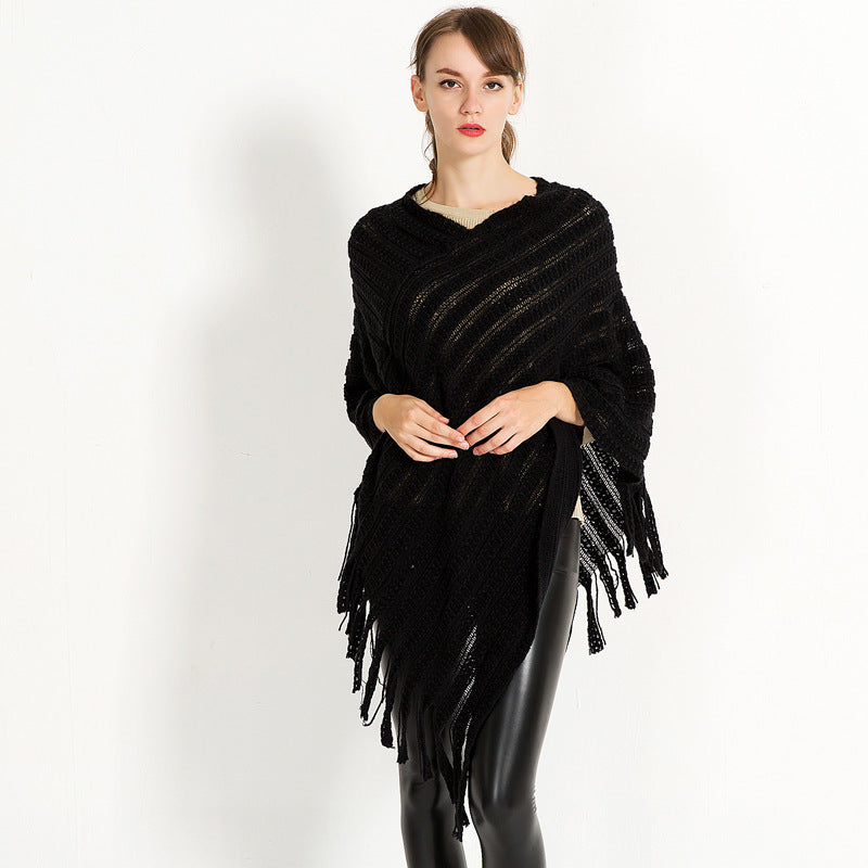 Damen Häkelponcho mit fransigem Saum Fudus