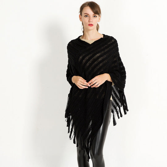 Damen Häkelponcho mit fransigem Saum Fudus