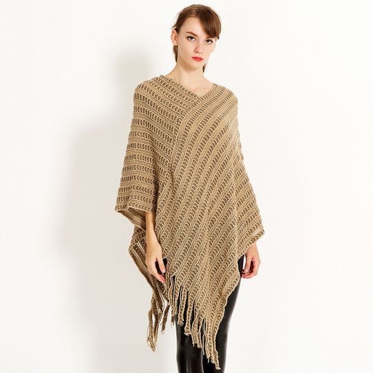 Damen Häkelponcho mit fransigem Saum Fudus