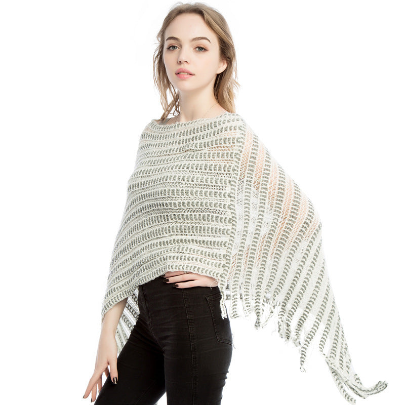 Damen Häkelponcho mit fransigem Saum Fudus