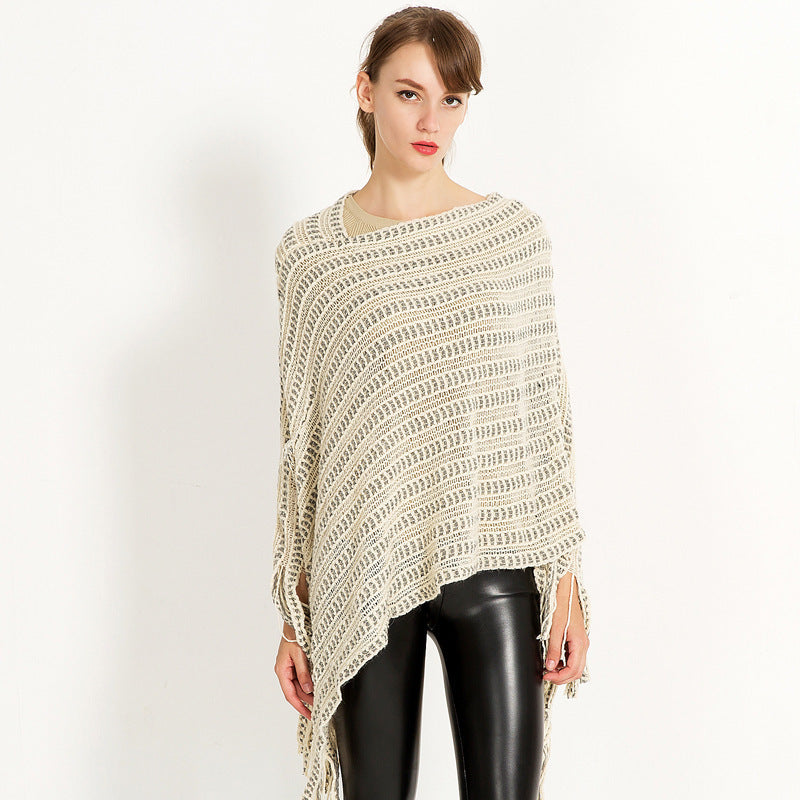 Damen Häkelponcho mit fransigem Saum Fudus