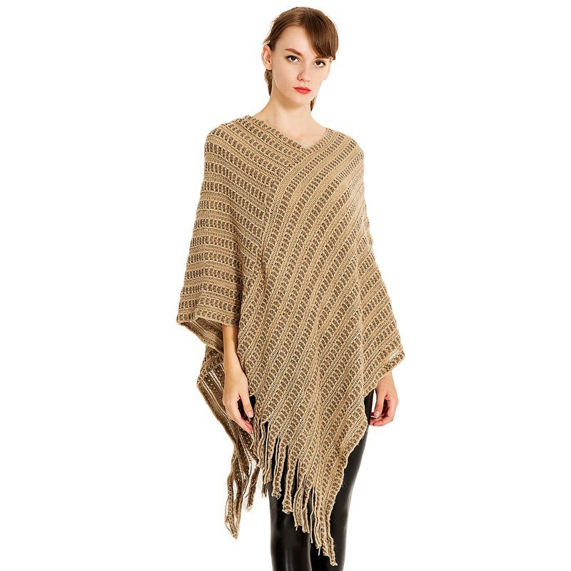 Damen Häkelponcho mit fransigem Saum Fudus