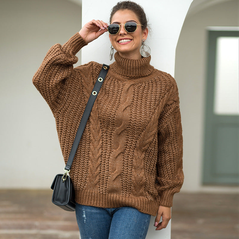 Damen Grobstrick Pullover mit hohem Kragen und strukturiertem Zopfmuster Fudus