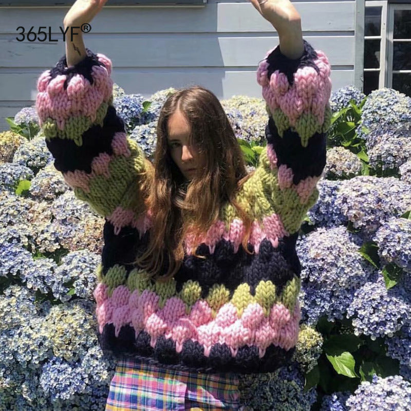 Damen Grobstrickpullover mit Wabenstruktur und weitem Schnitt Fudus