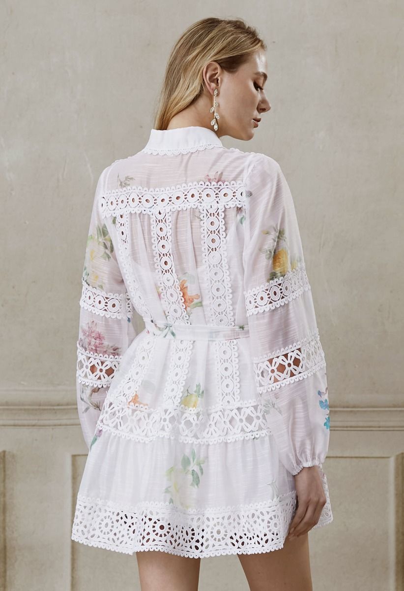 Damen Sommer Puppenkragen Spitzenrand Gürtel Bedrucktes Kleid