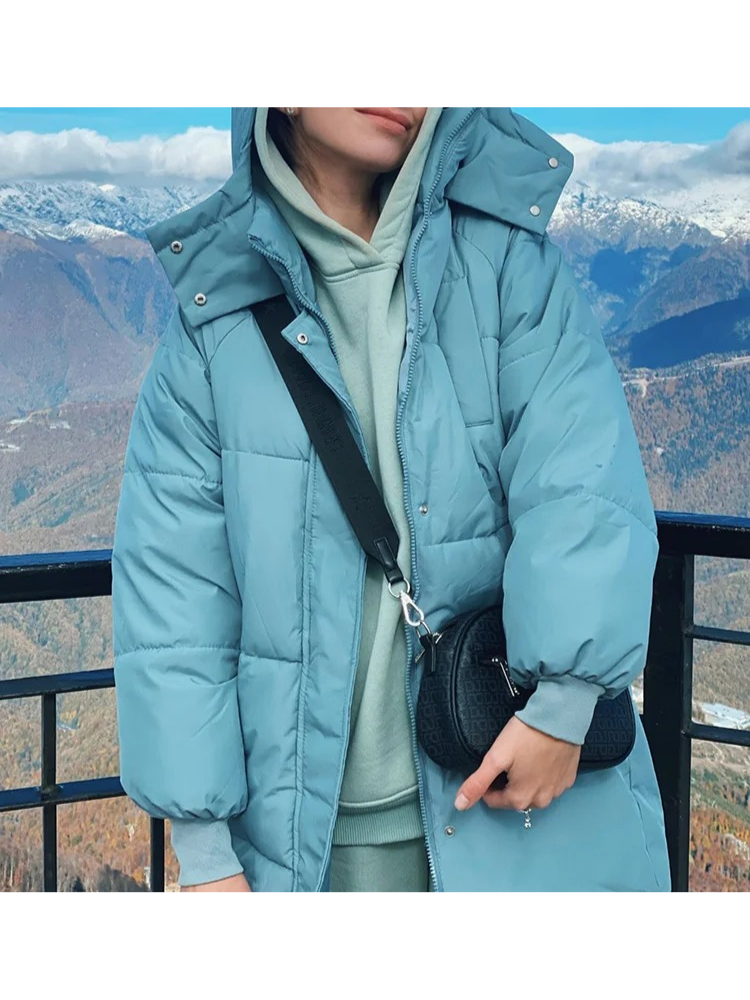 Damen Lange Oversized Steppwinterjacke mit Kapuze